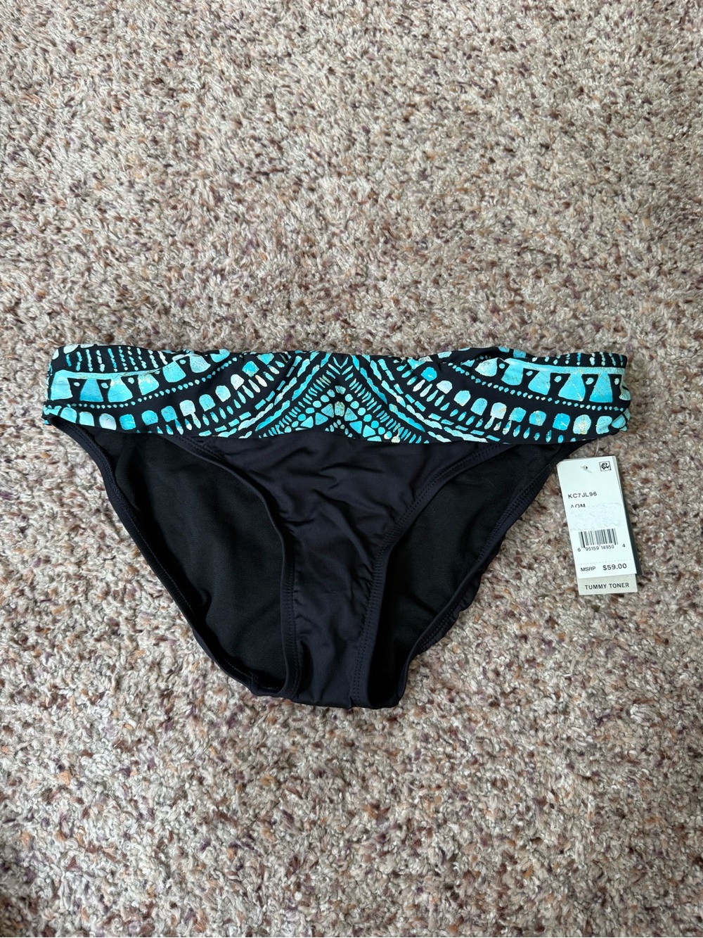 Kenneth Cole Black Bikini Bottom with Teal Patterned Waistband